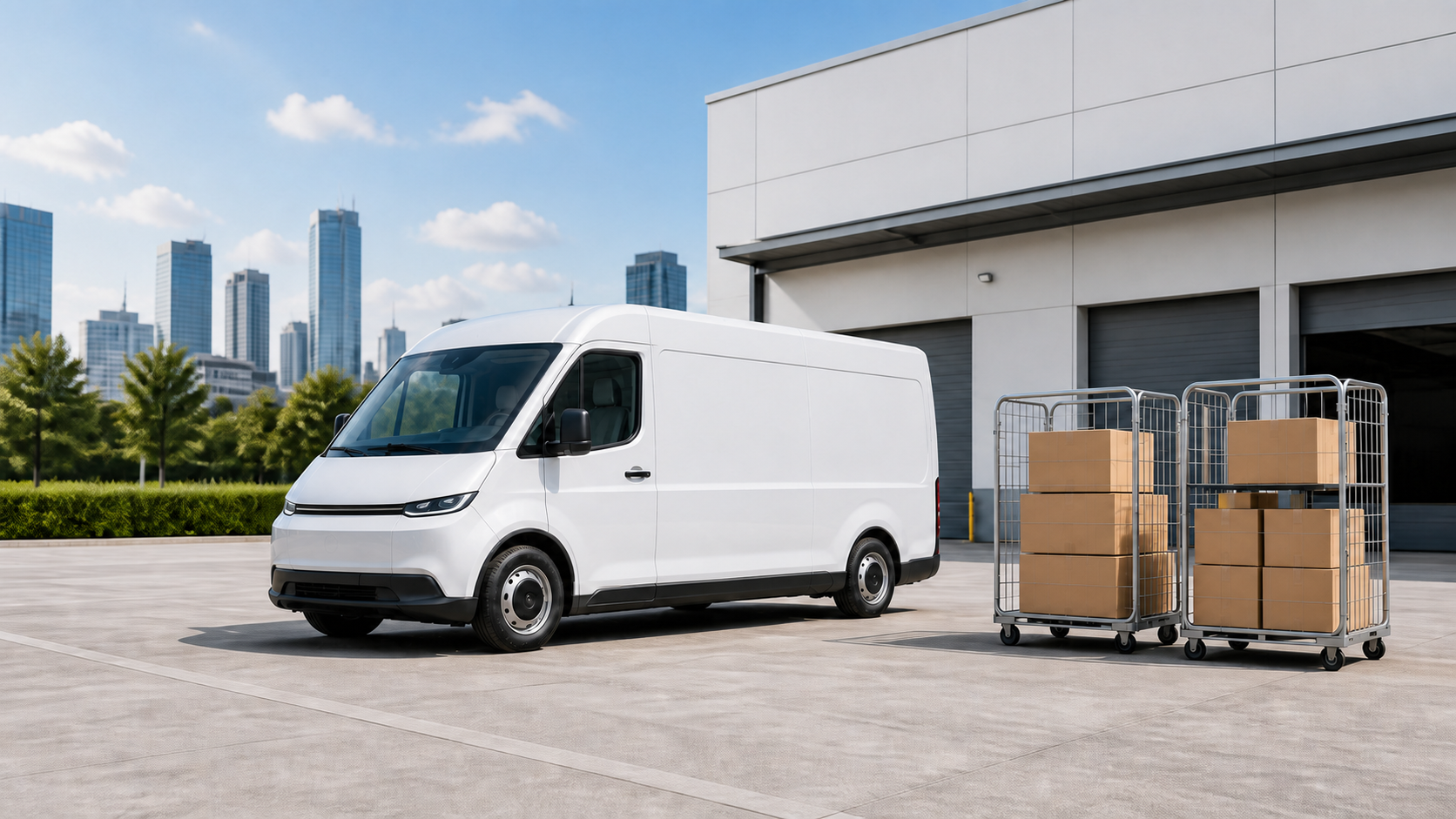 A delivery van beside parcel cages at a PAXORA network facility
